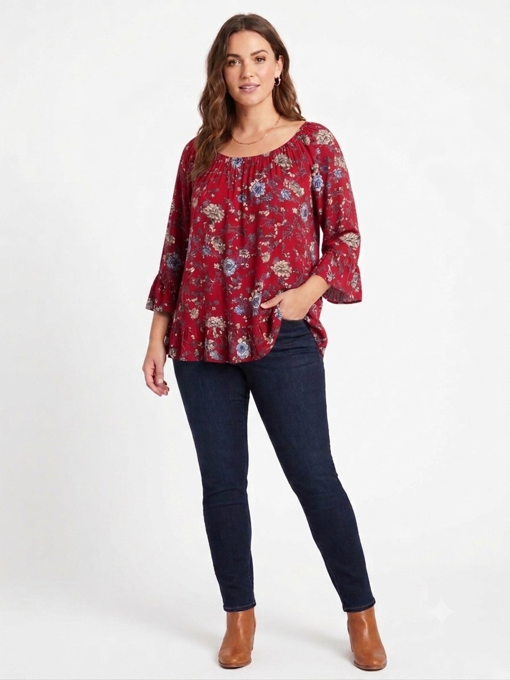 Faded Glory NWOT Boho Red Floral Elastic-Neck Ruffle 3/4 Sleeve No Stretch
